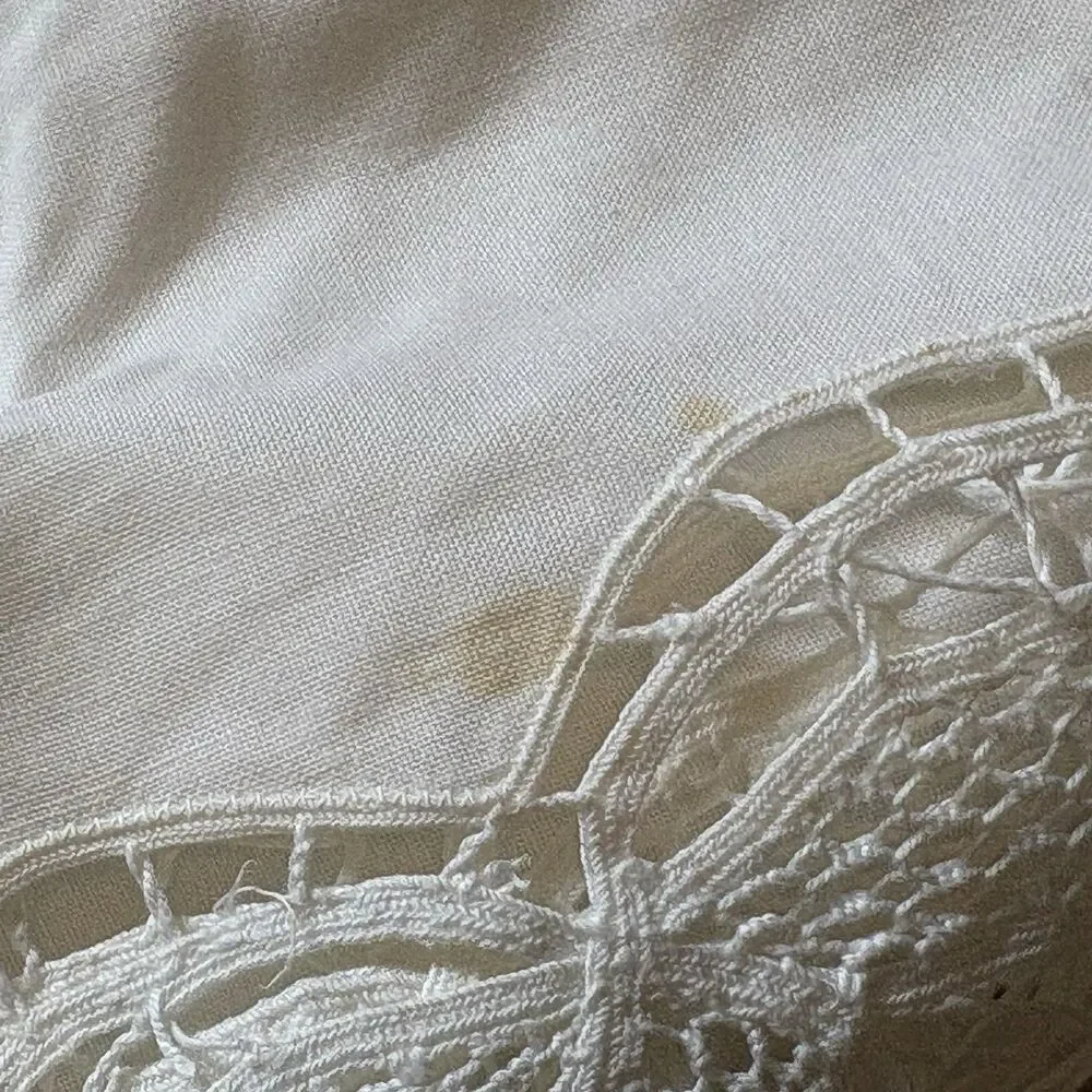 White Battenburg Lace Tablecloth From Fortunoff Round 64” Diameter New W/ Defect